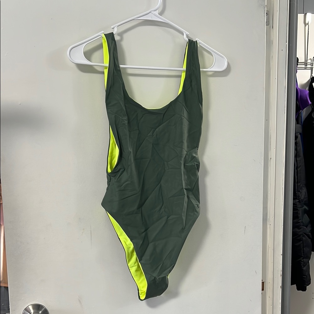 Sporty Green and Yellow One-Piece Swimsuit with Neon Trim